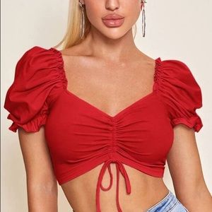Frill Trim Puff Sleeve Drawstring Crop Top